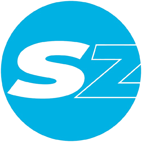 Logo wewnątrz błękitnego koła przedstawiające stylizowane, pochylone litery "SZ". Litera "S" jest biała i pełna, natomiast litera "Z" jest zaznaczona cienkim, białym konturem.