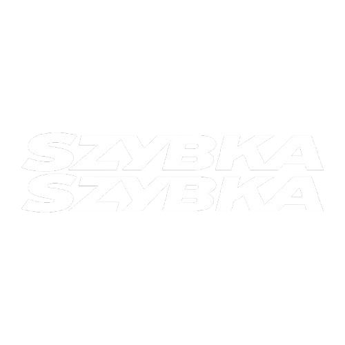 Grafika przedstawiająca dwa rzędy białych, konturowych napisów "SZYBKA" umieszczonych jeden pod drugim. Tekst jest zapisany szeroką, dynamiczną czcionką z lekkim nachyleniem w prawo.